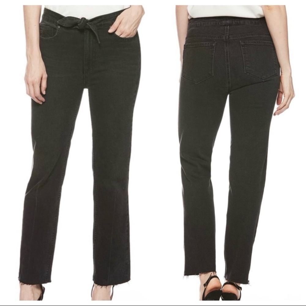 PAIGE Margot Straight Jeans Black Tie Waist High Rise Raw Hem 26 2
